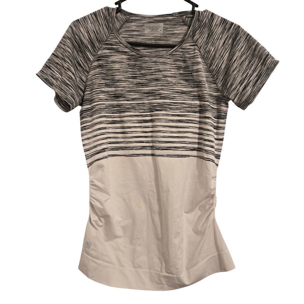 Athleta Gray White Cinched Ruched Short Sleeve Top Women’s Size M